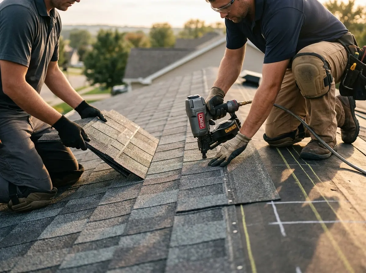 Professional roofer working on a residential roof in Manasquan